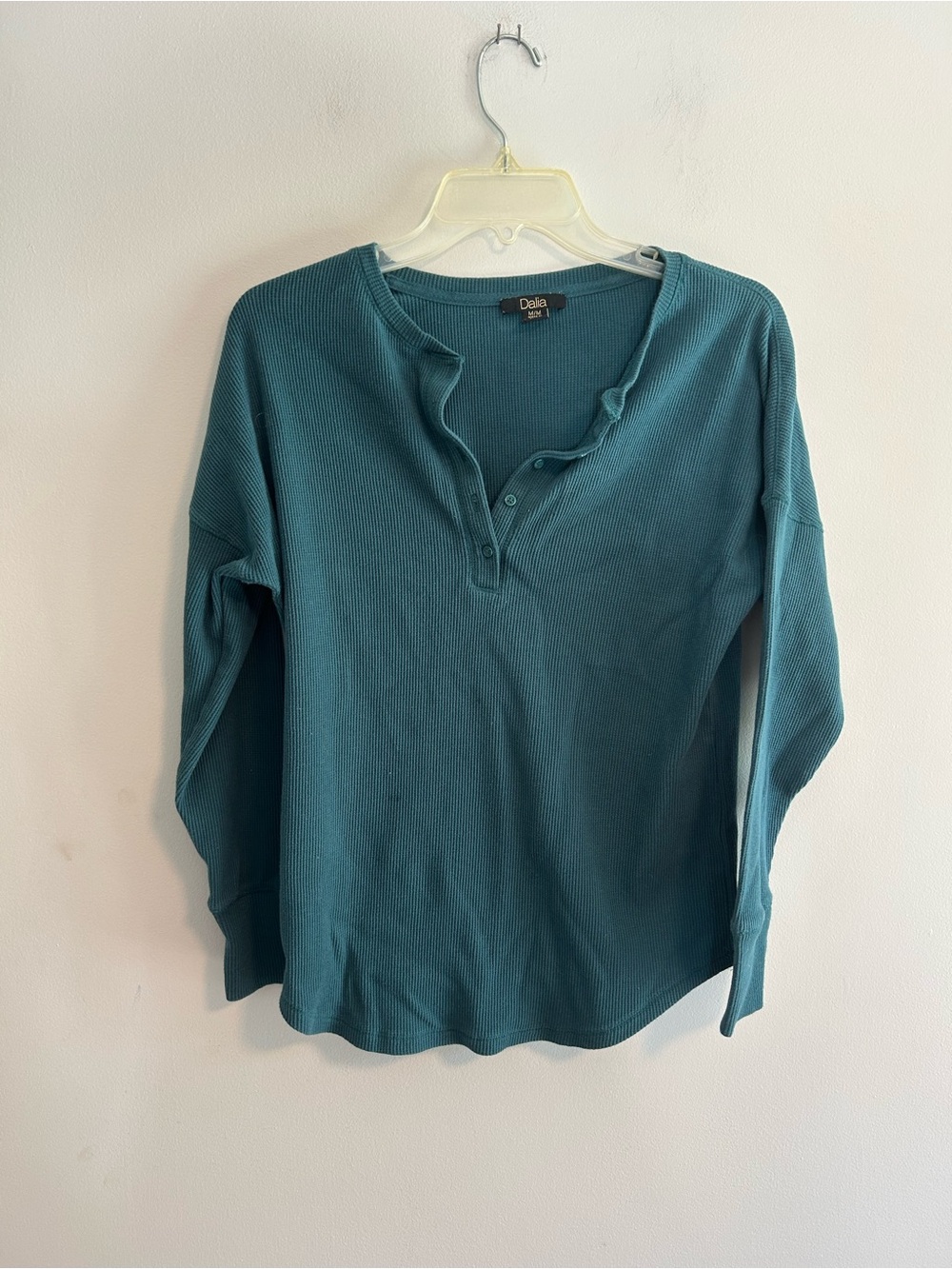 Delia medium Teal blue waffle knit button vneck Long Sleeve Top